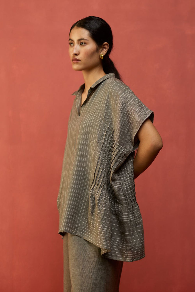 Bonnie Pleated Stripe Linen Co-ord Set - Grey by Manan for in Singapore
