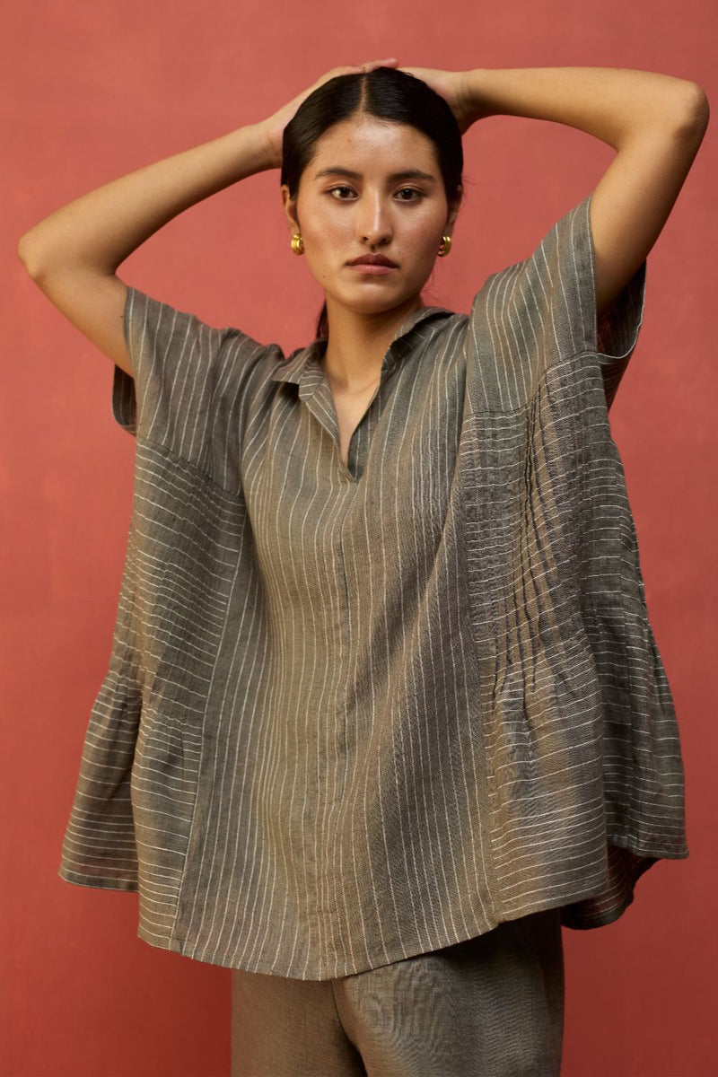 Bonnie Pleated Stripe Linen Co-ord Set - Grey by Manan for in Singapore