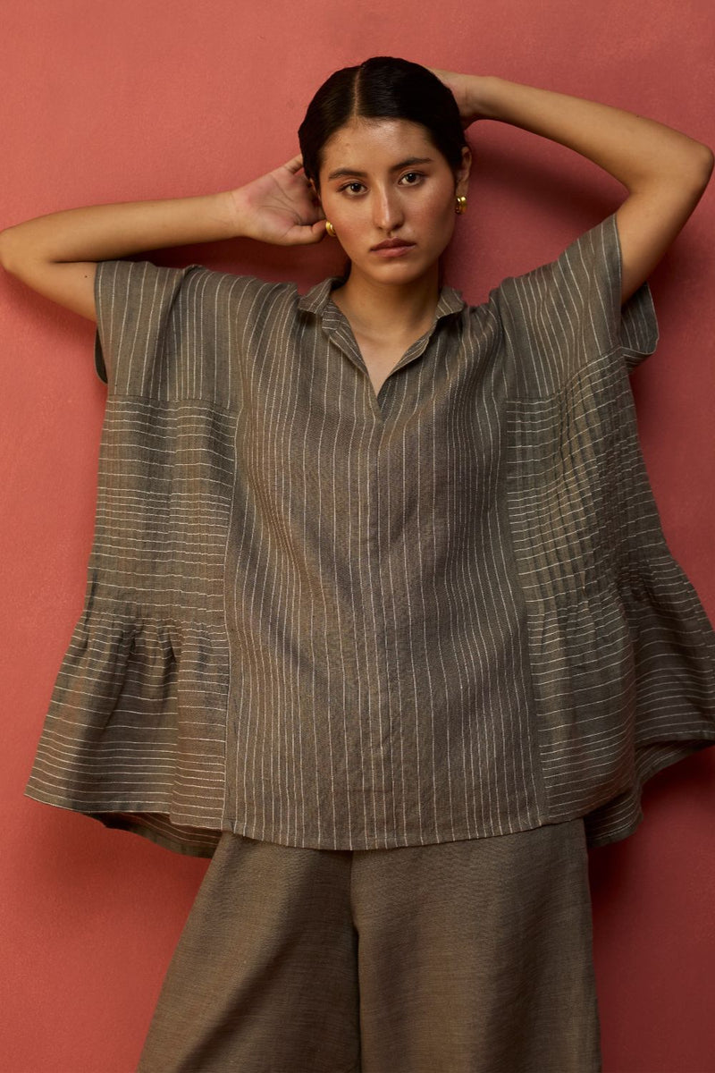 Bonnie Pleated Stripe Linen Top - Grey by Manan for in Singapore