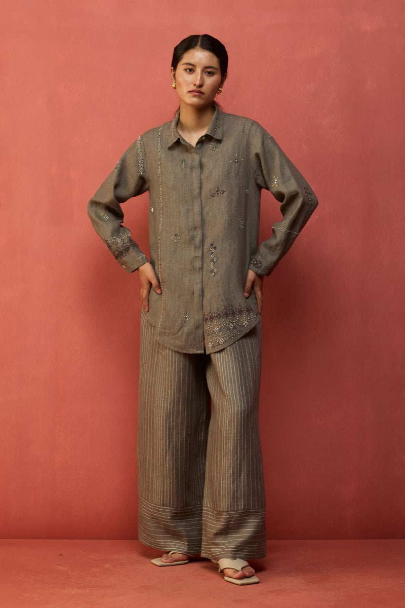 Kira Hand-Embroidered Linen Shirt - Grey by Manan for in Singapore