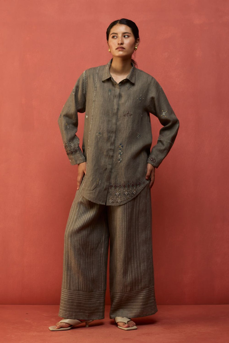 Kira Hand-Embroidered Linen Shirt - Grey by Manan for in Singapore