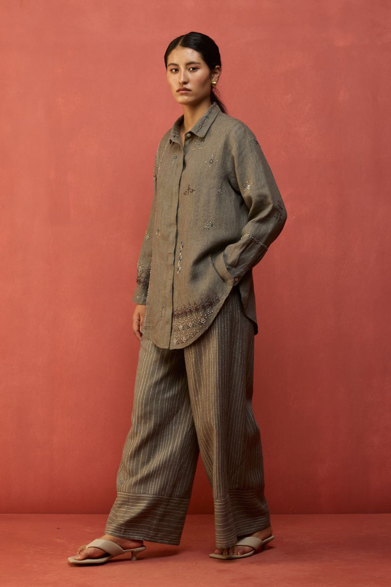 Kira Hand-Embroidered Linen Shirt - Grey by Manan for in Singapore