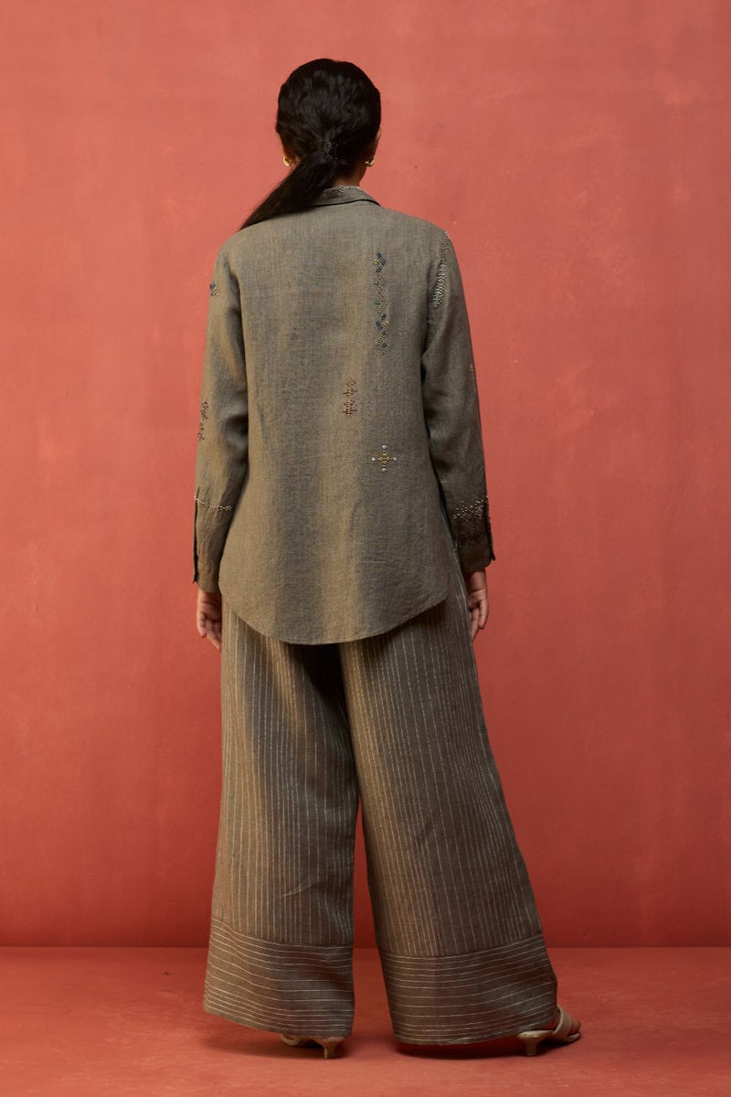 Kira Hand-Embroidered Linen Shirt - Grey by Manan for in Singapore