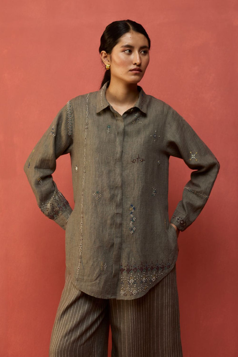 Kira Hand-Embroidered Linen Shirt - Grey by Manan for in Singapore
