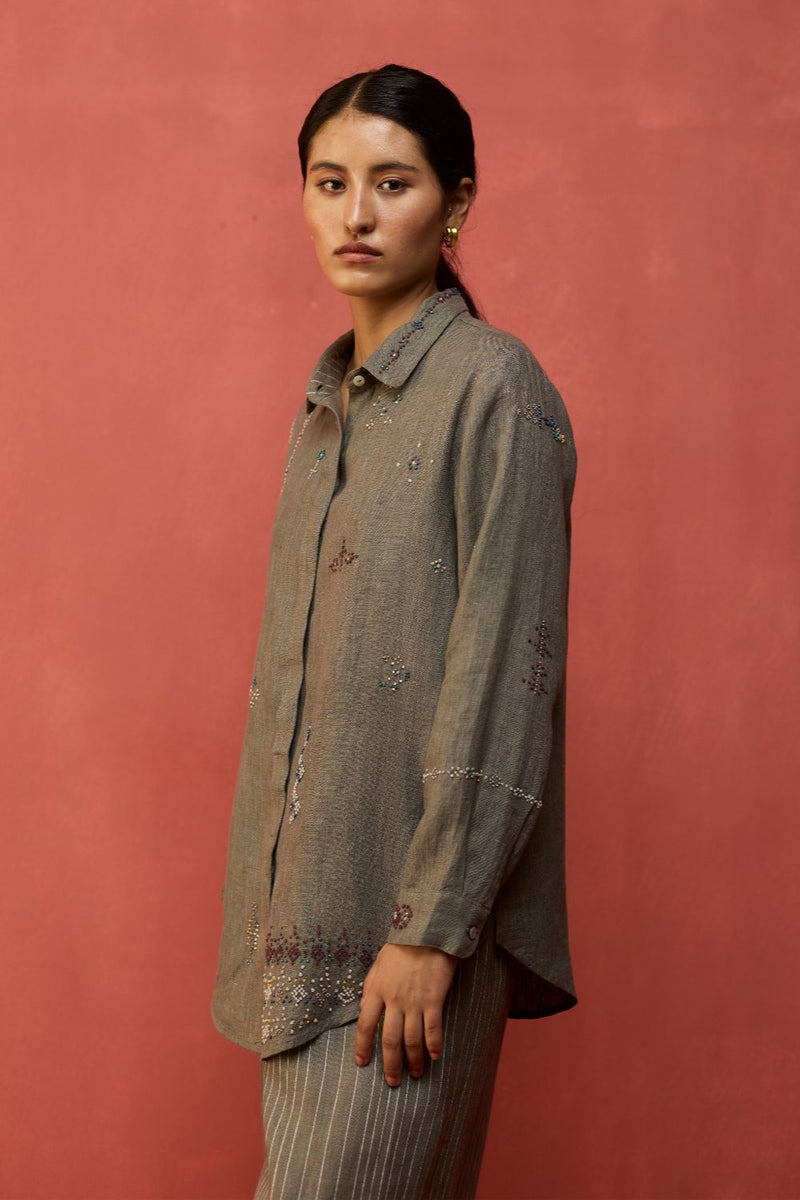 Kira Hand-Embroidered Linen Shirt - Grey by Manan for in Singapore