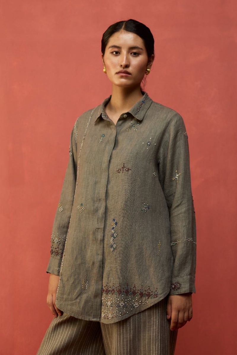 Kira Hand-Embroidered Linen Shirt - Grey by Manan for in Singapore