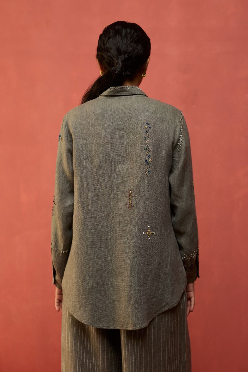 Kira Hand-Embroidered Linen Shirt - Grey by Manan for in Singapore