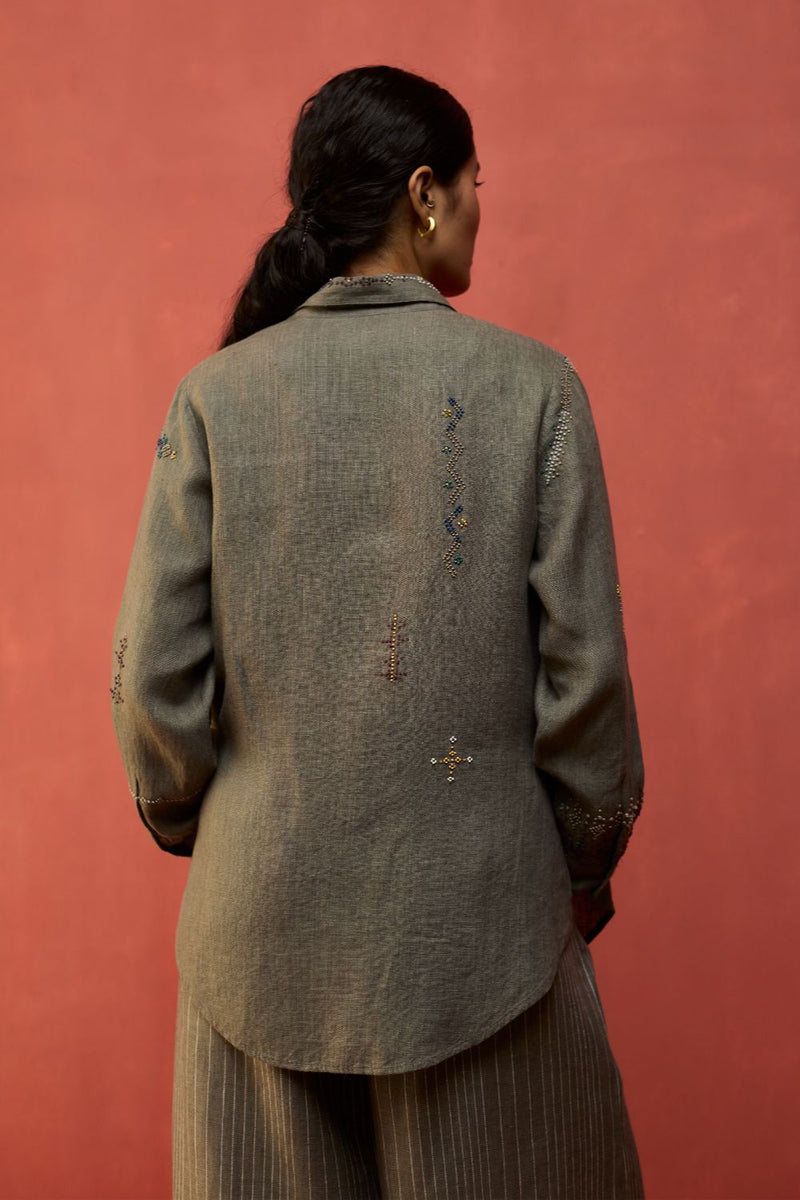 Kira Hand-Embroidered Linen Shirt - Grey by Manan for in Singapore