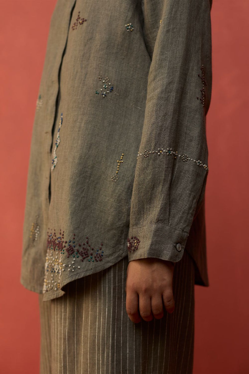 Kira Hand-Embroidered Linen Shirt - Grey by Manan for in Singapore