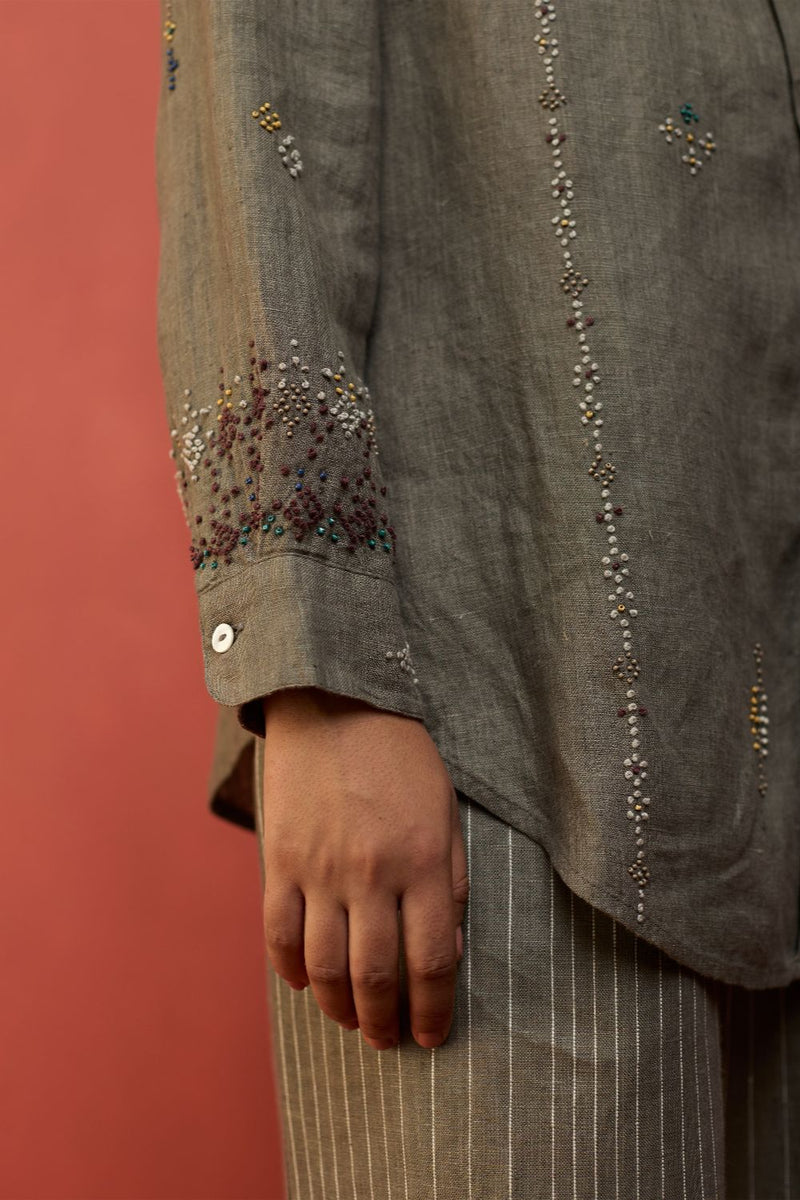 Kira Hand-Embroidered Linen Shirt - Grey by Manan for in Singapore