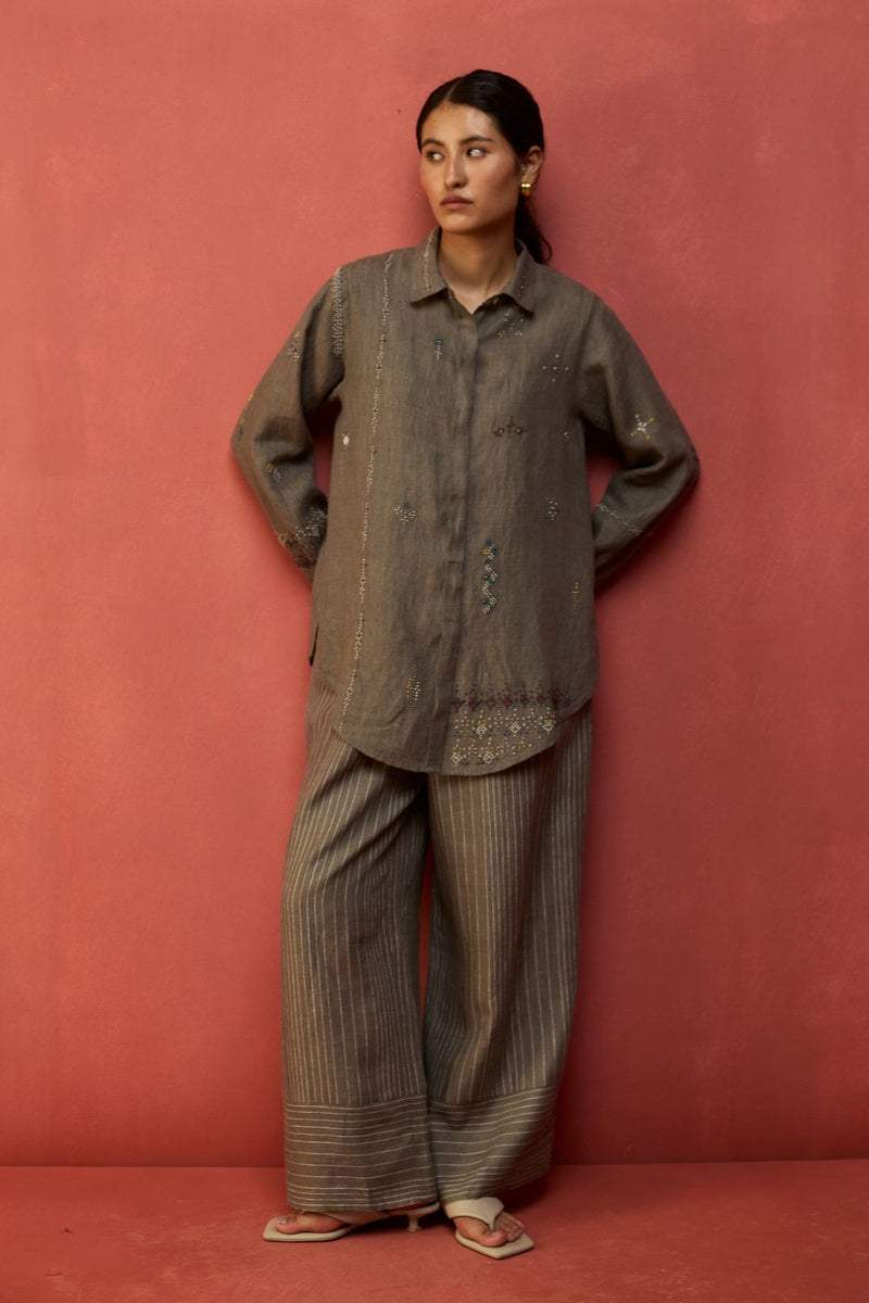Kira Hand-Embroidered Linen Shirt - Grey by Manan for in Singapore