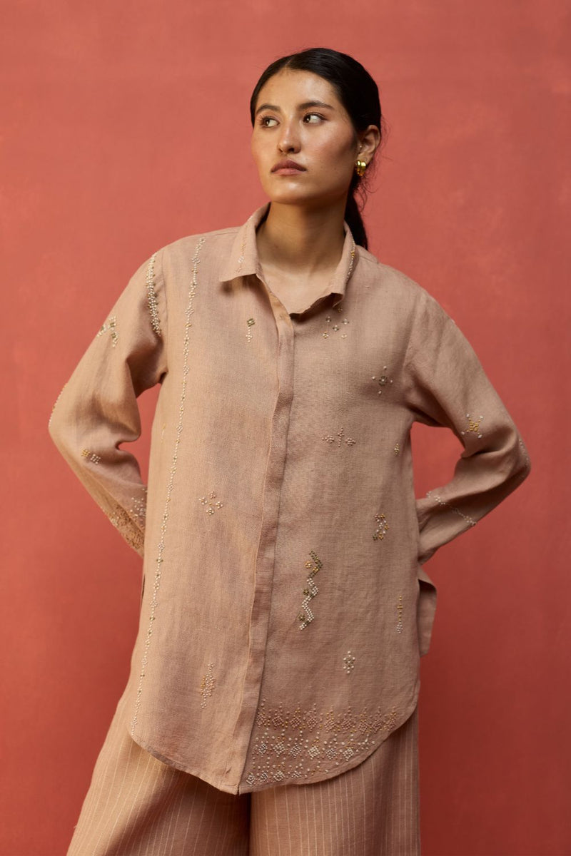 Kira Hand-Embroidered Linen Shirt - Dusty Rose by Manan for in Singapore