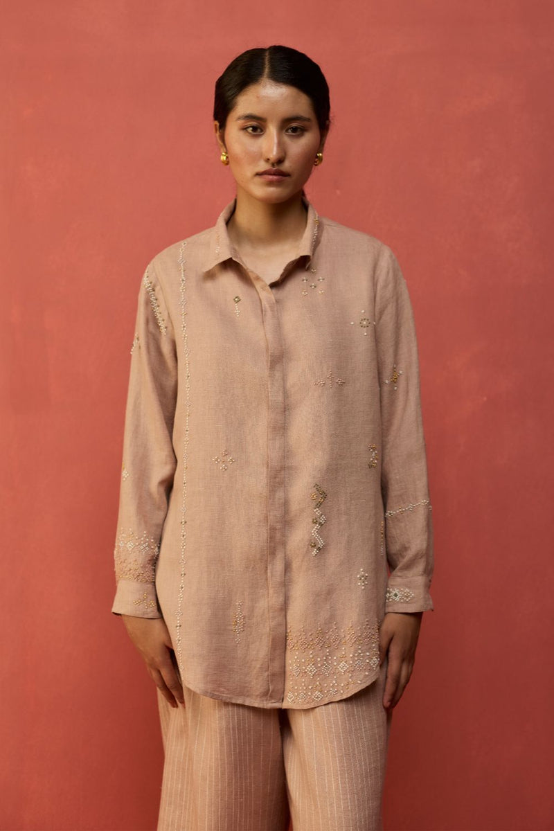 Kira Hand-Embroidered Linen Shirt - Dusty Rose by Manan for in Singapore