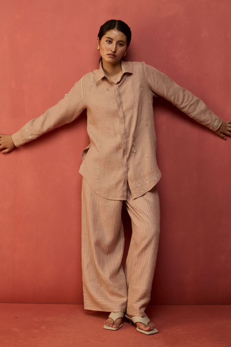 Kira Hand-Embroidered Linen Shirt - Dusty Rose by Manan for in Singapore