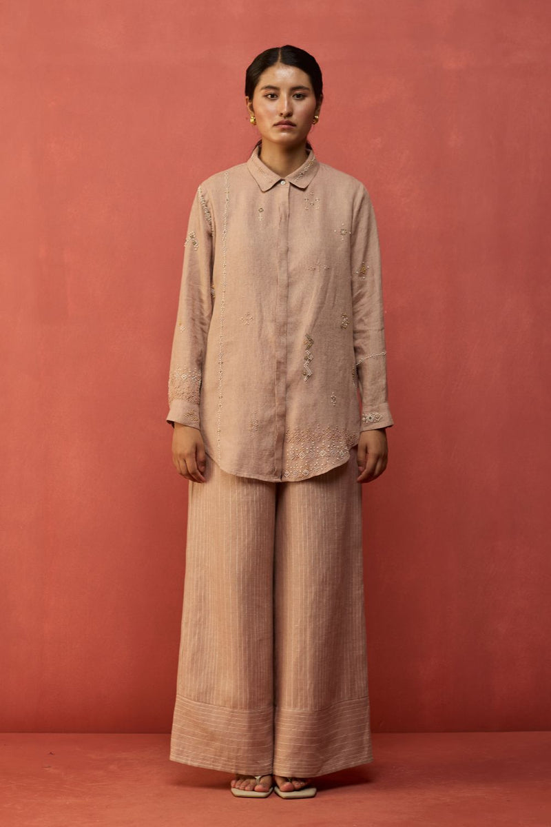 Kira Hand-Embroidered Linen Shirt - Dusty Rose by Manan for in Singapore