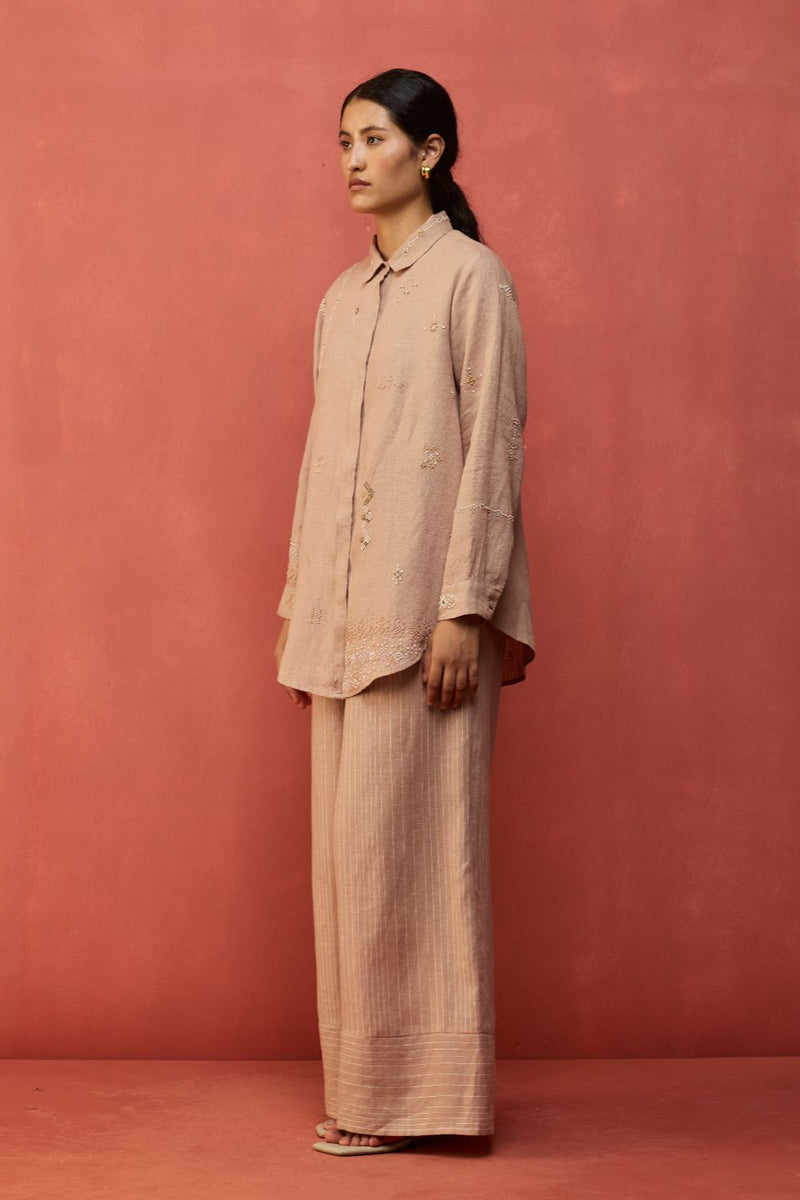Kira Hand-Embroidered Linen Shirt - Dusty Rose by Manan for in Singapore