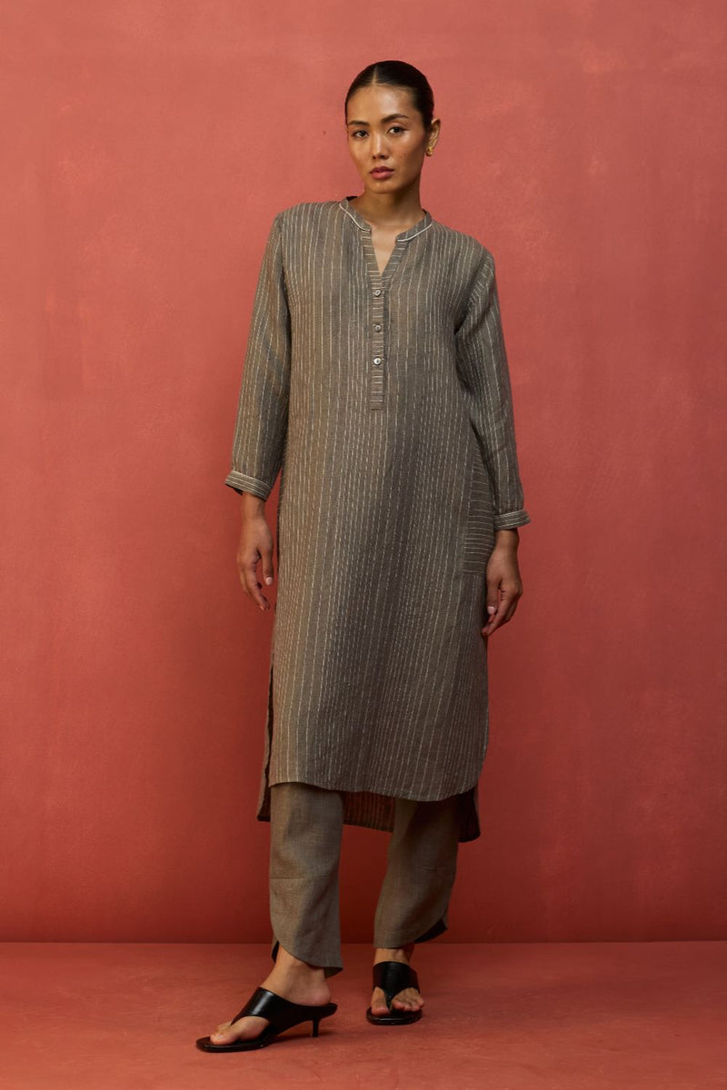 Bunka Stripe Linen Kurta Set - Grey by Manan for in Singapore