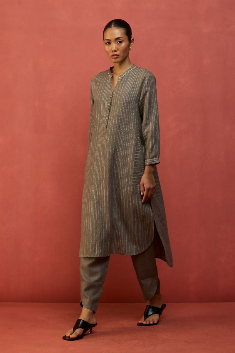 Bunka Stripe Linen Kurta Set - Grey by Manan for in Singapore