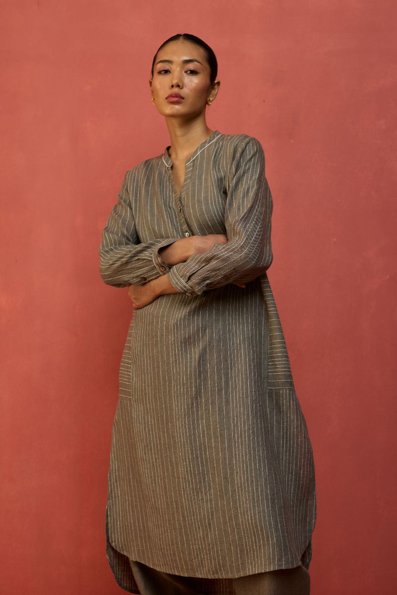 Bunka Stripe Linen Kurta Set - Grey by Manan for in Singapore