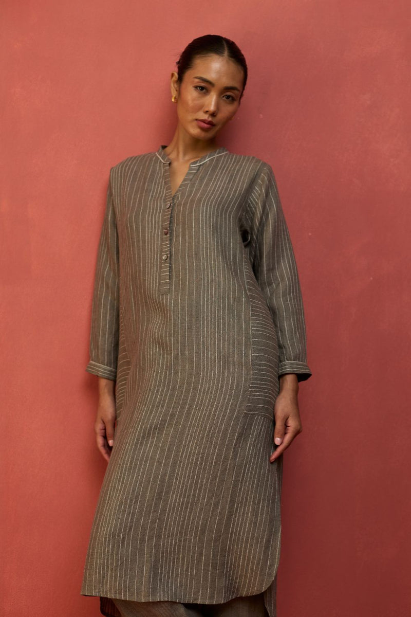 Bunka Stripe Linen Kurta - Grey by Manan for in Singapore