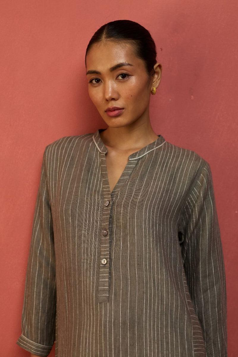 Bunka Stripe Linen Kurta - Grey by Manan for in Singapore
