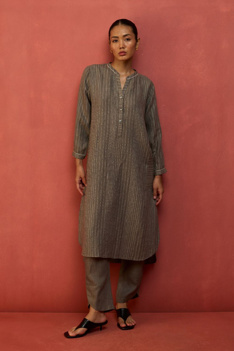 Bunka Stripe Linen Kurta Set - Grey by Manan for in Singapore
