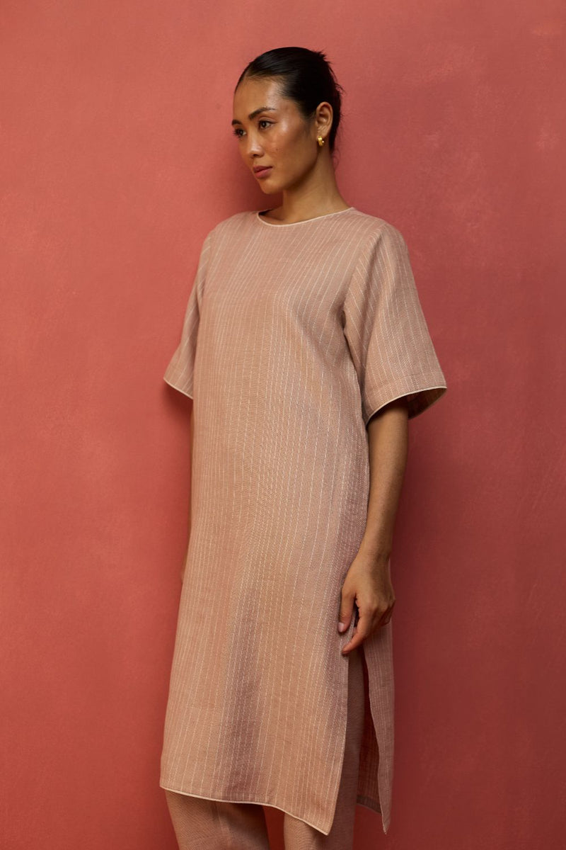 Semma Stripe Linen Kurta Set - Dusty Rose by Manan for in Singapore