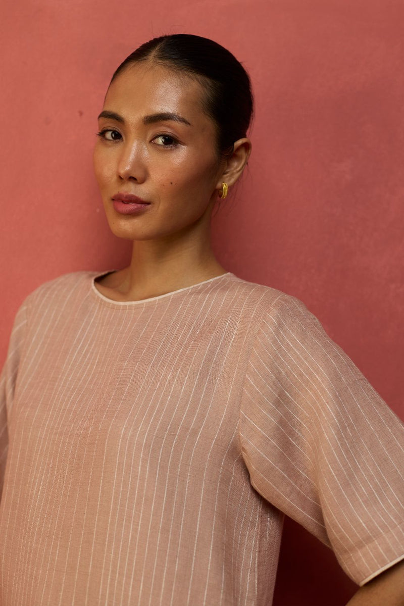 Semma Stripe Linen Kurta Set - Dusty Rose by Manan for in Singapore