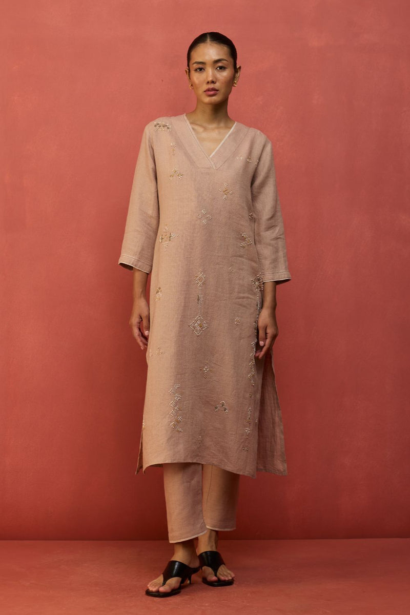 Rena Hand-Embroidered Linen Kurta - Dusty Rose linen by Manan in blush color for women in Singapore