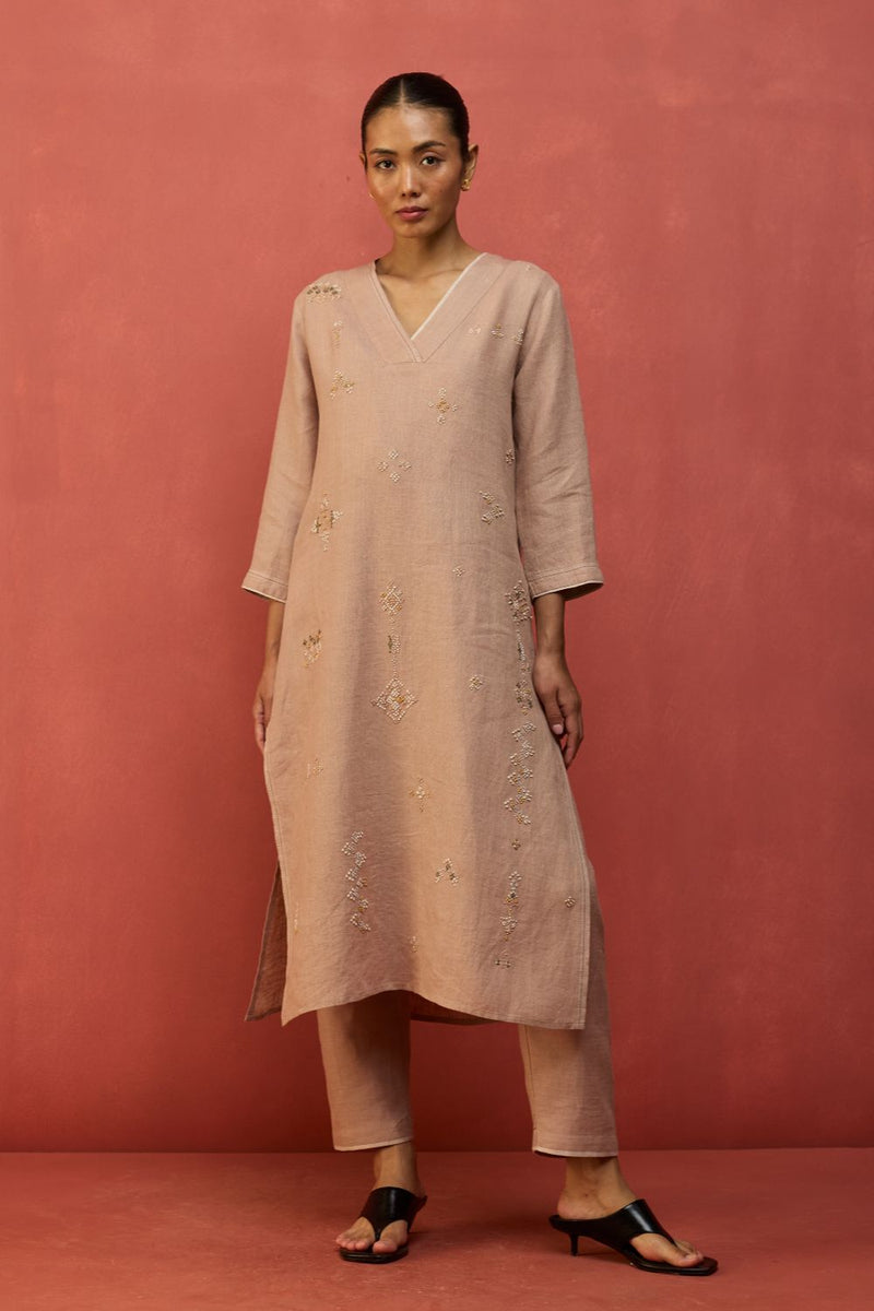 Rena Hand-Embroidered Linen Kurta - Dusty Rose linen by Manan in blush color for women in Singapore