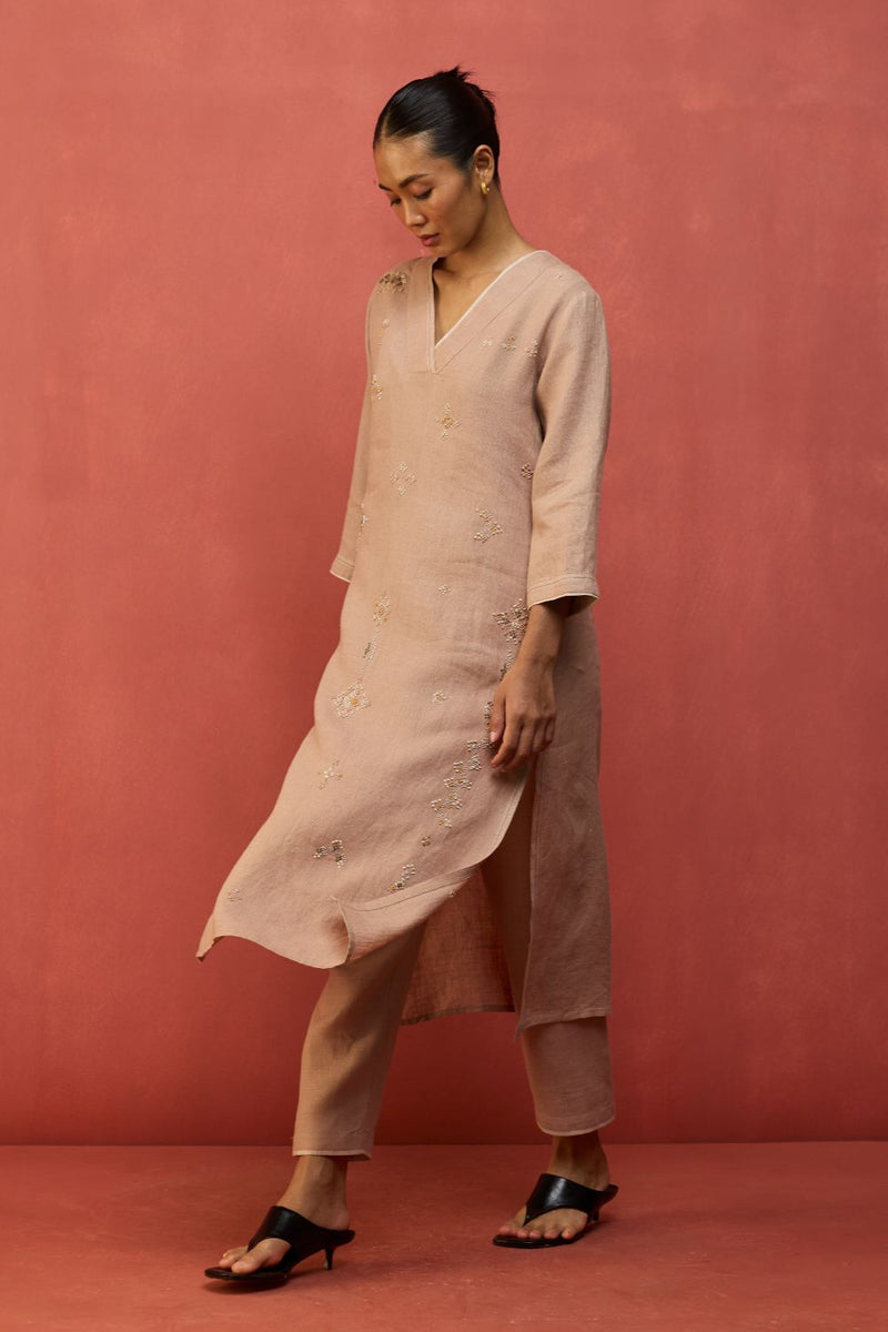 Rena Hand-Embroidered Linen Kurta - Dusty Rose linen by Manan in blush color for women in Singapore