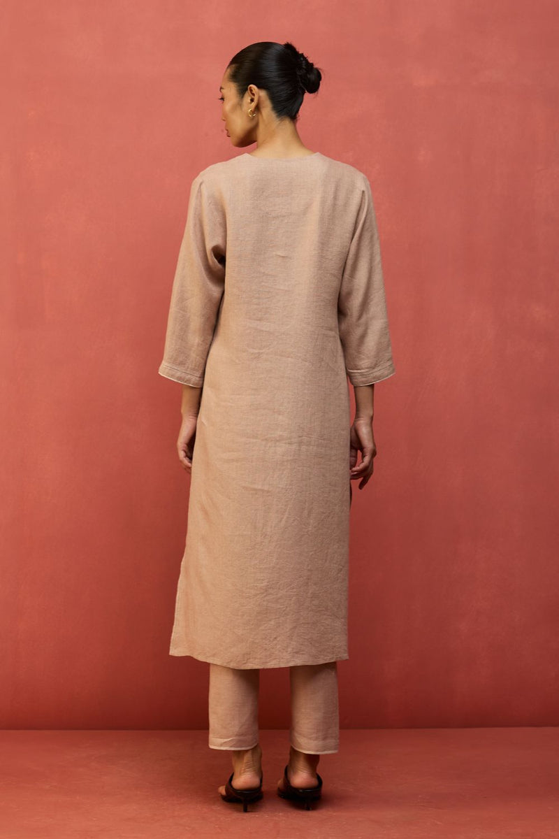 Rena Hand-Embroidered Linen Kurta Set - Dusty Rose by Manan for in Singapore