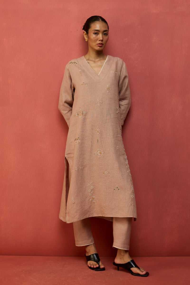 Rena Hand-Embroidered Linen Kurta - Dusty Rose linen by Manan in blush color for women in Singapore