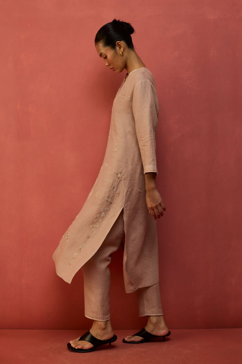 Rena Hand-Embroidered Linen Kurta Set - Dusty Rose by Manan for in Singapore