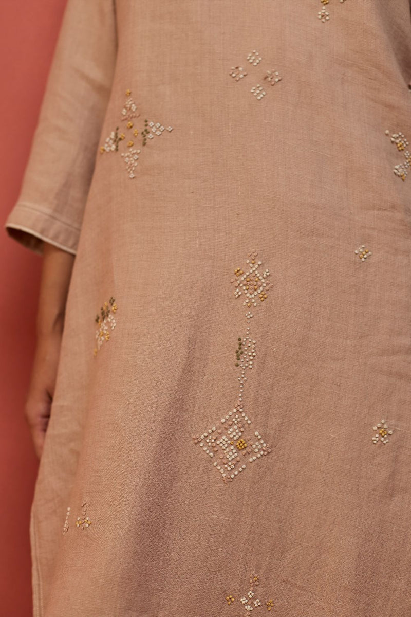 Rena Hand-Embroidered Linen Kurta Set - Dusty Rose by Manan for in Singapore