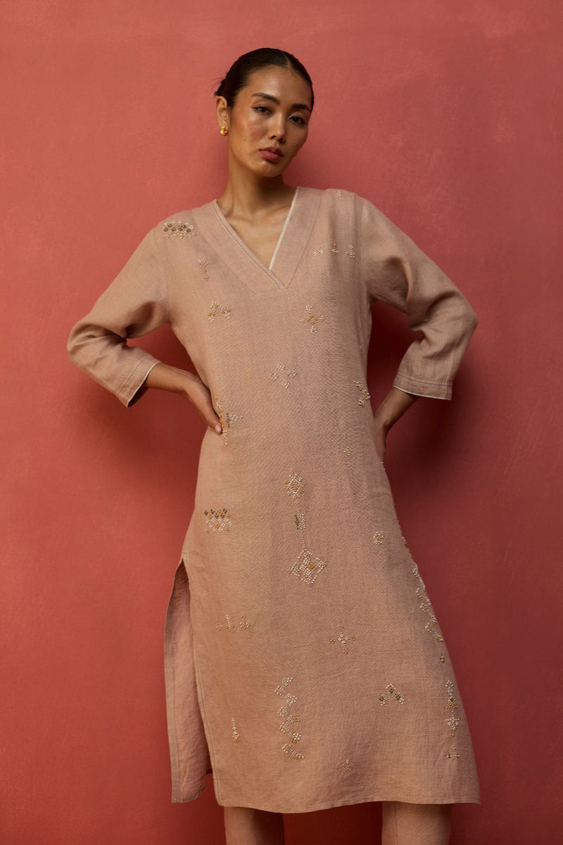 Rena Hand-Embroidered Linen Kurta Set - Dusty Rose by Manan for in Singapore