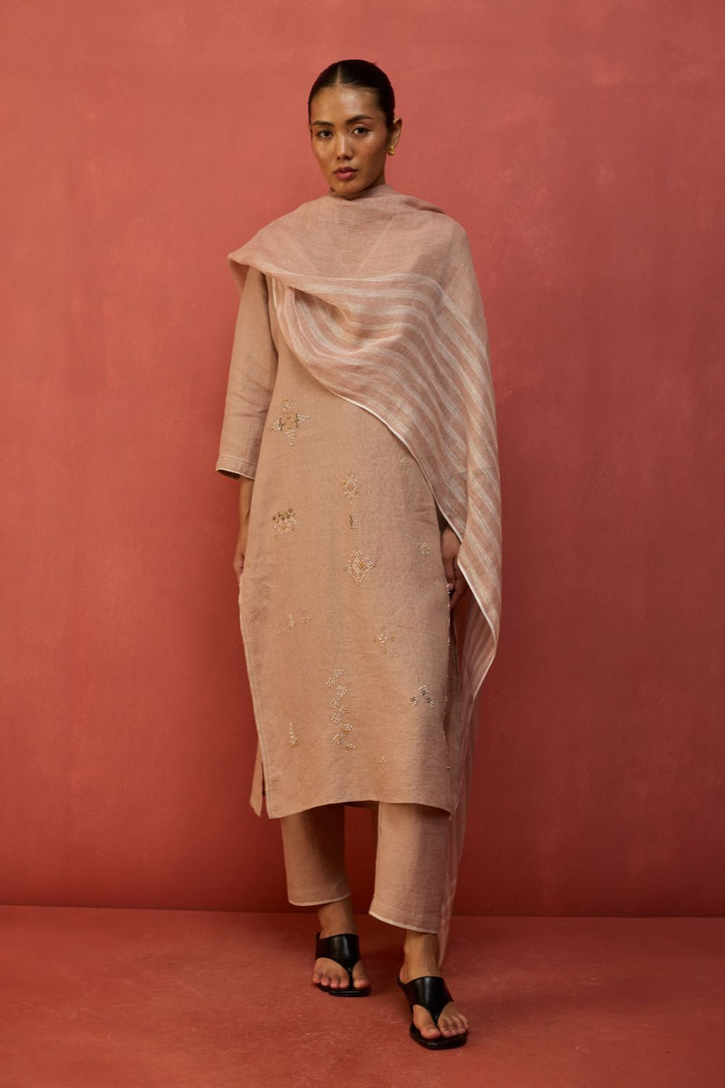 Rena Hand-Embroidered Linen Kurta - Dusty Rose linen by Manan in blush color for women in Singapore