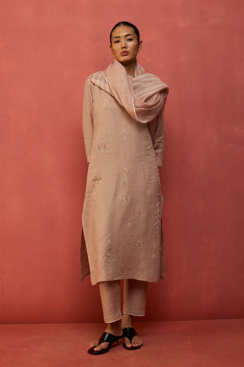 Rena Hand-Embroidered Linen Kurta - Dusty Rose linen by Manan in blush color for women in Singapore