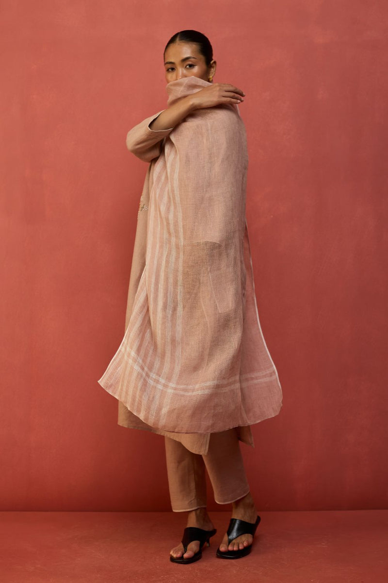 Rena Hand-Embroidered Linen Kurta - Dusty Rose linen by Manan in blush color for women in Singapore