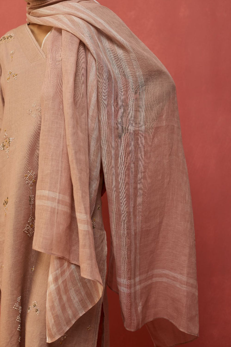 Rena Hand-Embroidered Linen Kurta - Dusty Rose linen by Manan in blush color for women in Singapore