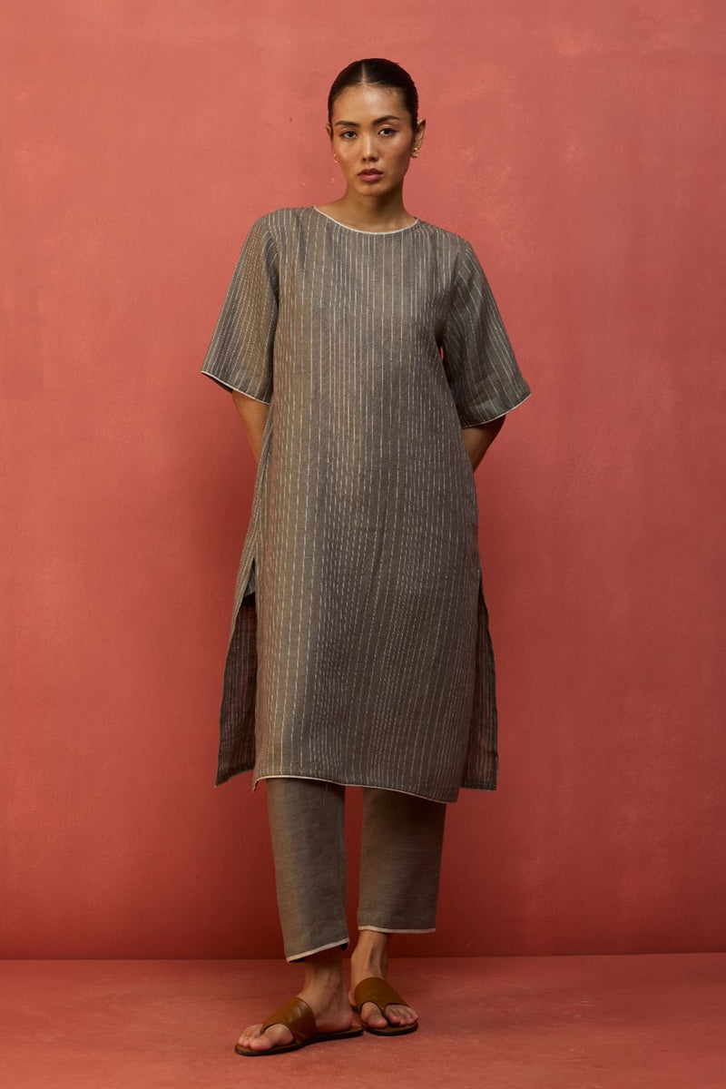 Semma Stripe Linen Kurta - Grey by Manan for in Singapore