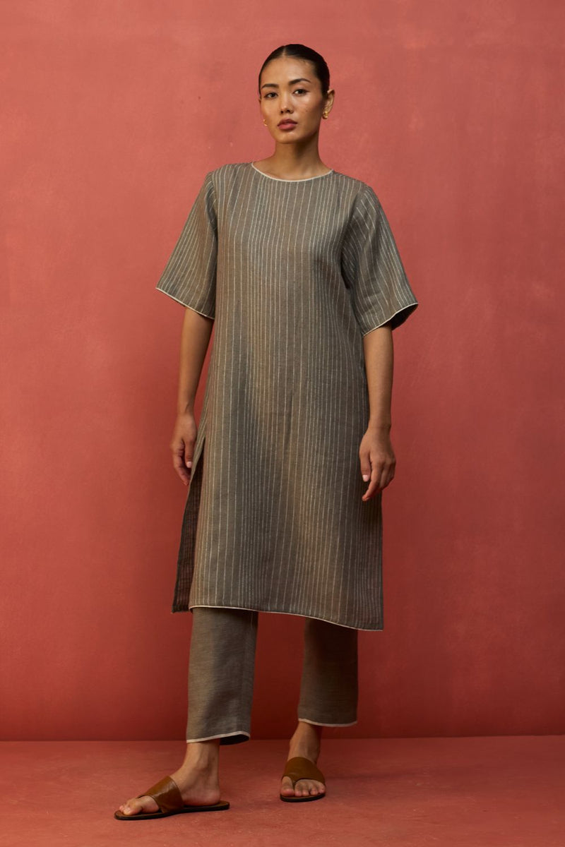 Semma Stripe Linen Kurta Set - Grey by Manan for in Singapore