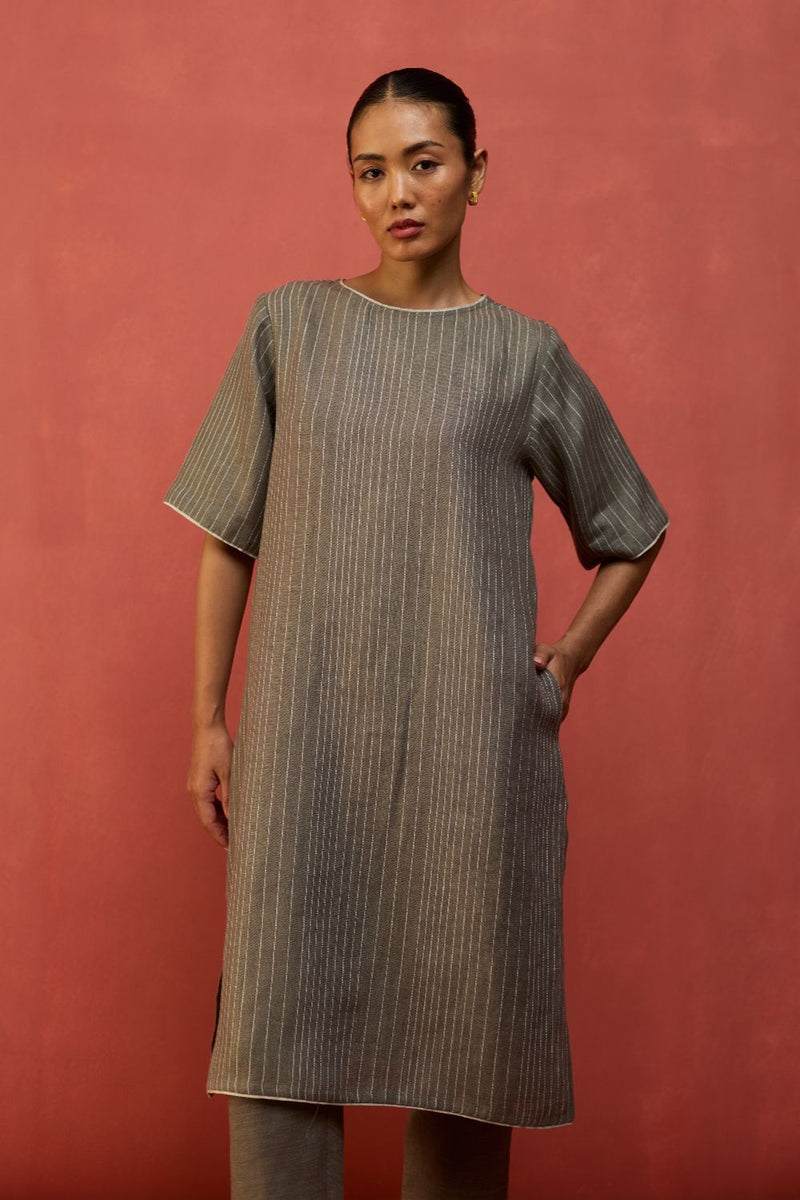 Semma Stripe Linen Kurta - Grey by Manan for in Singapore