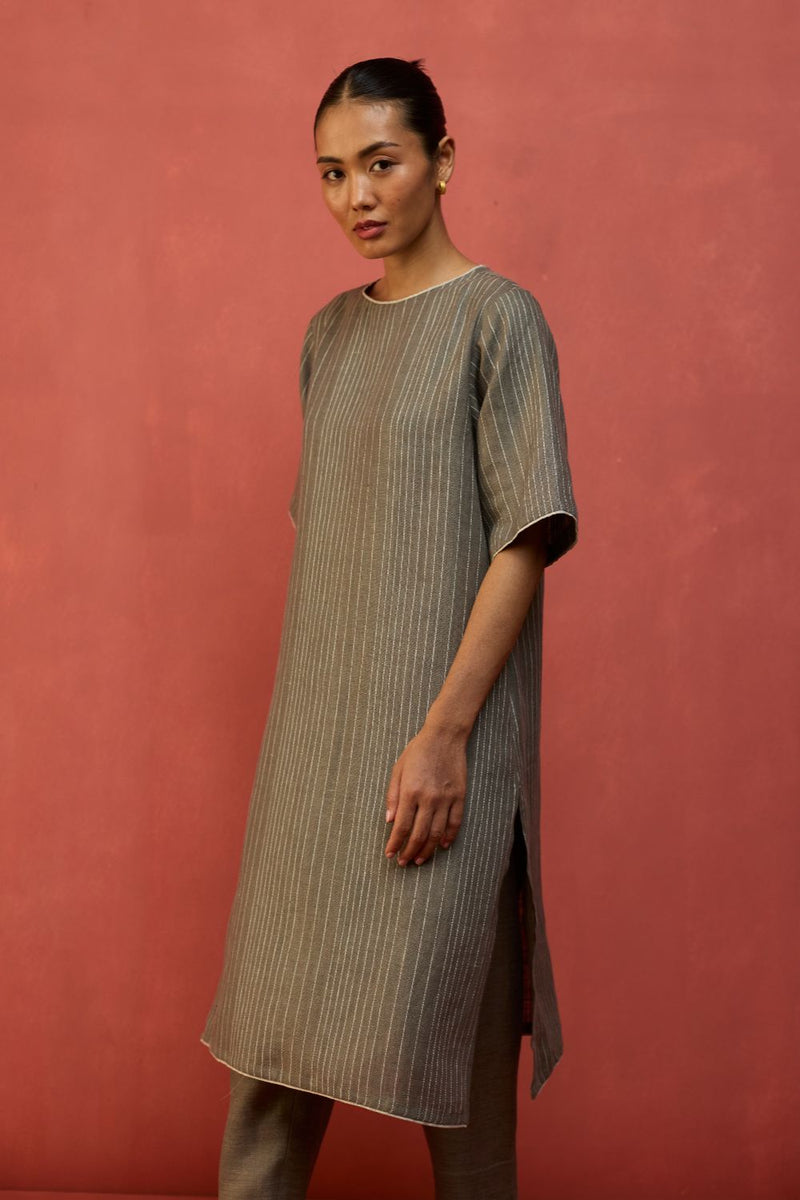 Semma Stripe Linen Kurta Set - Grey by Manan for in Singapore
