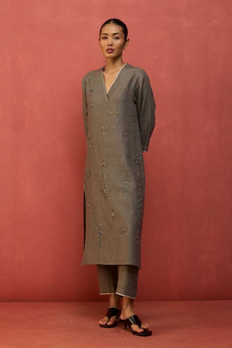 Rena Hand-Embroidered Linen Kurta Set - Grey by Manan for in Singapore
