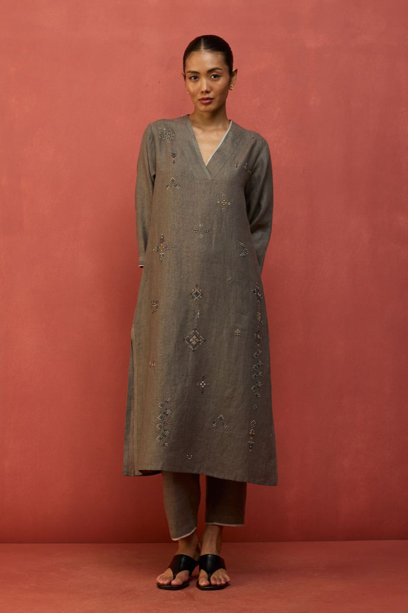 Rena Hand-Embroidered Linen Kurta - Grey linen by Manan in grey color for women in Singapore