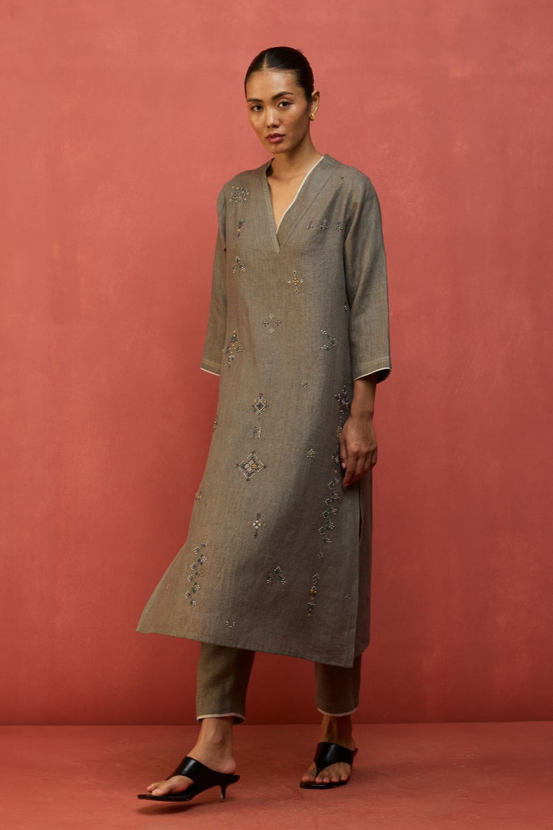 Rena Hand-Embroidered Linen Kurta - Grey linen by Manan in grey color for women in Singapore