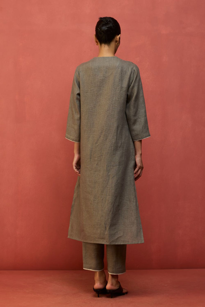 Rena Hand-Embroidered Linen Kurta - Grey linen by Manan in grey color for women in Singapore