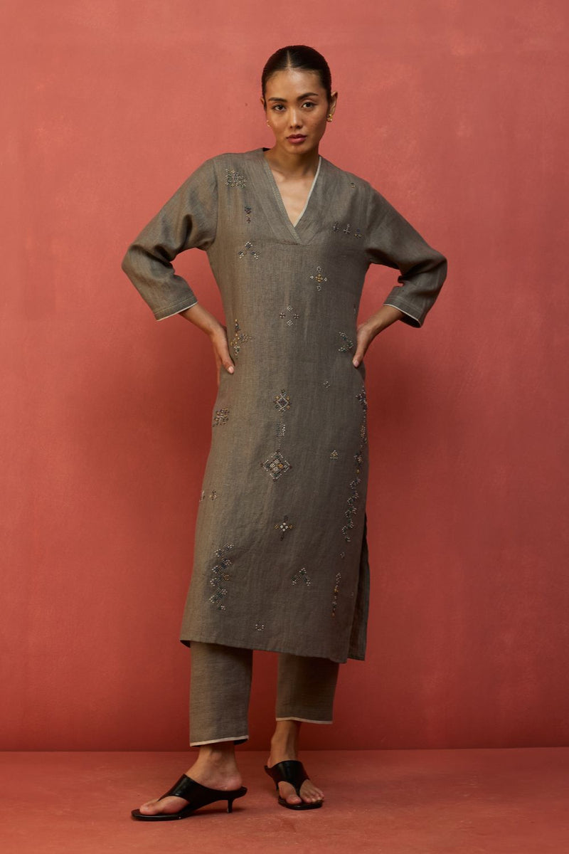 Rena Hand-Embroidered Linen Kurta Set - Grey by Manan for in Singapore