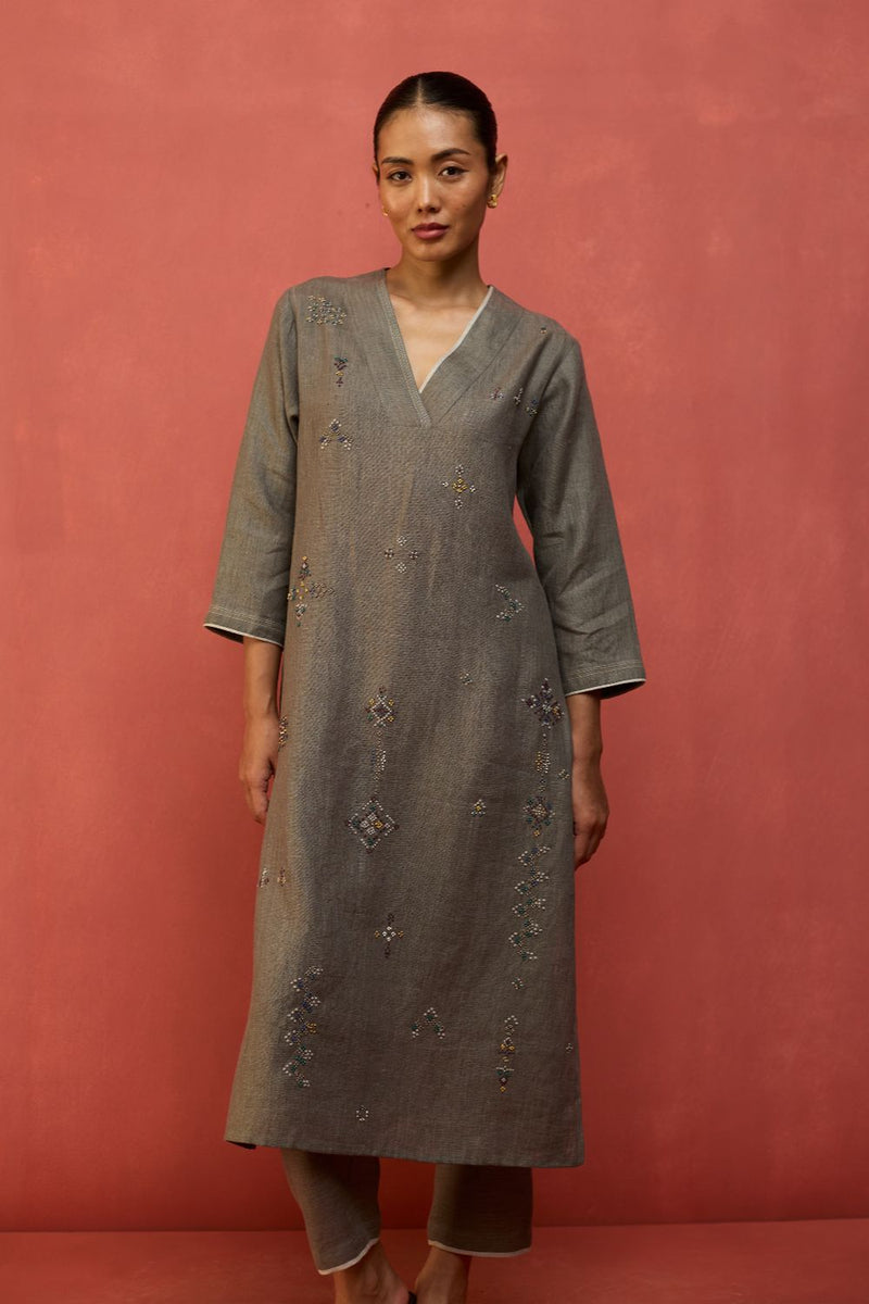 Rena Hand-Embroidered Linen Kurta Set - Grey by Manan for in Singapore